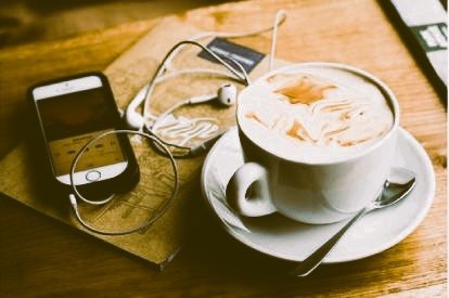 coffee and earphones listening